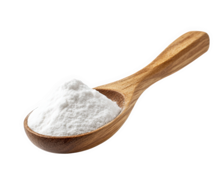Spoonful of white powdery substance on wooden spoon, ideal for baking and cooking. This versatile ingredient is commonly used in various recipes