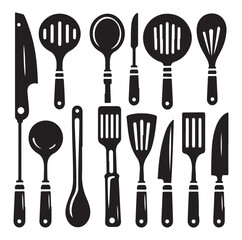 kitchen utensils set icon black silhouette vector on white background.