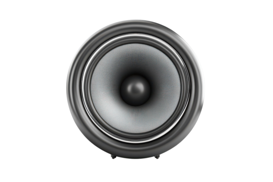 A sleek black and silver speaker sits elegantly against a white backdrop, ready to deliver sound isolated on transparent background