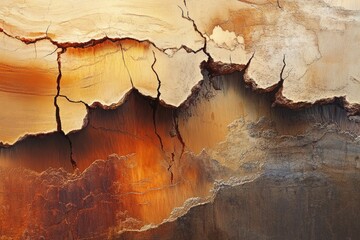 Fototapeta premium Abstract art depicting cracked earth, showcasing warm earthy tones of beige, brown, and orange.