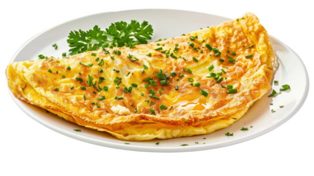 Delicious omelette garnished with chives and parsley on transparent background