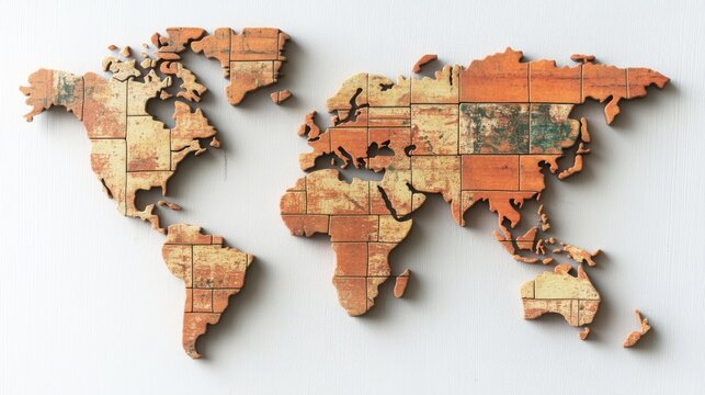 World map, terracotta tiles, flat lay