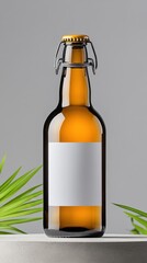 Glass gray bottle of dunkelweizen on concrete slab. Clipping Path. Industrial-style design.