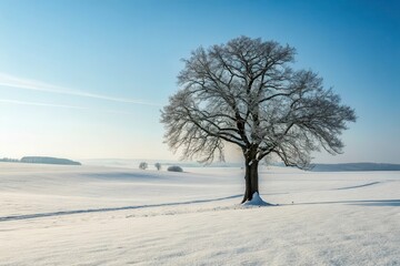 Fototapeta premium Isolated Tree Standing in a Vast Snow-Covered Field Under a Clear Blue Sky Generative AI