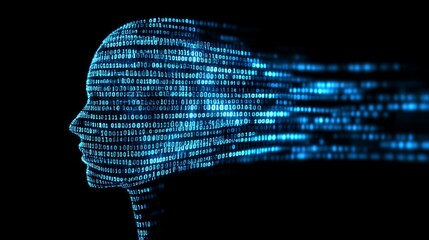 A digital silhouette of a head made of flowing binary code, representing the fusion of technology and human thought.