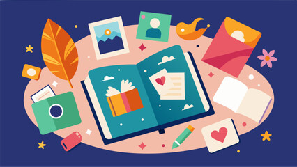 Curating a scrapbook of cherished memories layering photos and mementos for a dose of nostalgia. Vector illustration