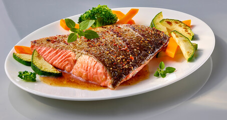Wildlachs mit geduensteter Zucchini, Fischfilet, Lachs, Gemüse, 