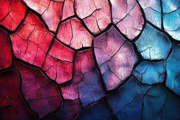 Abstract cracked surface with vibrant red, purple, and blue hues creating a mesmerizing texture.