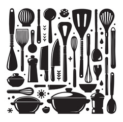 kitchen utensils set icon black silhouette vector on white background.