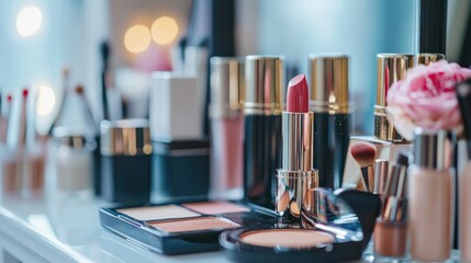 A close-up shot of beauty products, including lipstick, foundation, and eyeshadow, arranged aesthetically on a vanity table