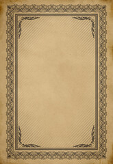 Faded condition grunge paper background with decorative ornamental frame.
