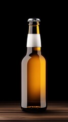 Glass silver bottle of beer on dark wooden table. Clipping Path. Classic brewery logo design.