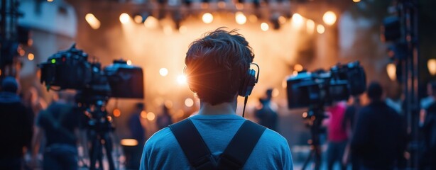 A focused technician captures live performance with multiple cameras, creating memorable moments.