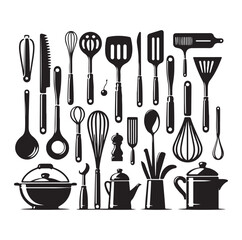 kitchen utensils set icon black silhouette vector on white background.