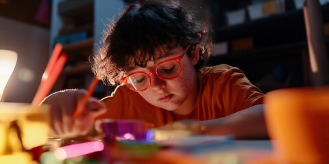 Child with Orange Glasses Drawing at Table
