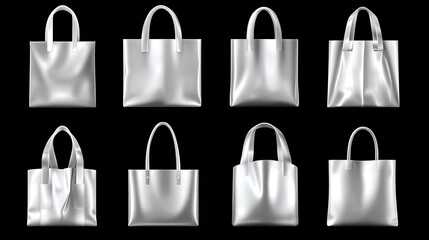 Eight silver tote bags displayed on a black background for presentation