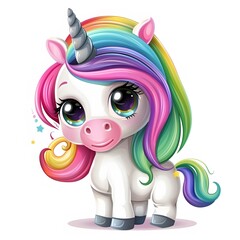 Fototapeta premium Cute Cartoon Unicorn with Colorful Mane and Sparkling Eyes