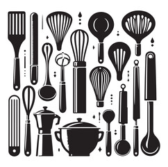 kitchen utensils set icon black silhouette vector on white background.