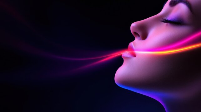 A woman's face is shown with a purple and orange glow around her lips. The image has a dreamy, ethereal quality to it, as if the woman is in a surreal or fantasy world