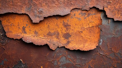 Rough, weathered texture showcases years of decay and resilience in an industrial setting, highlighting deep orange and brown colors with significant peeling