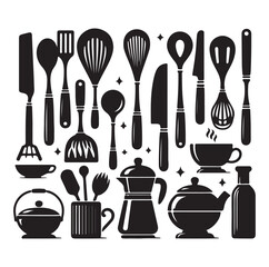 kitchen utensils set icon black silhouette vector on white background.