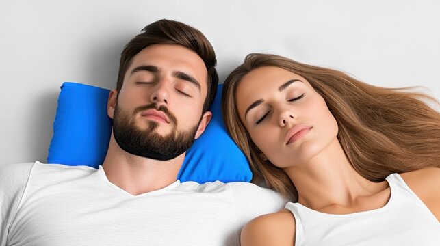 A man and a woman are sleeping on a bed with a blue pillow. The man is on the left side of the bed and the woman is on the right side. The pillow is blue and is placed under the woman's head