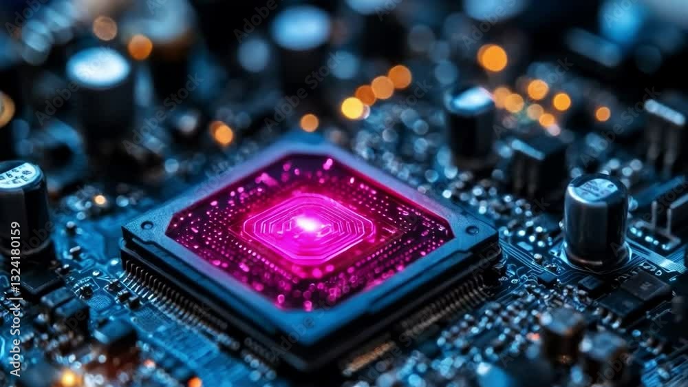 Poster A quantum circuit board is displayed featuring a central qubit chip glowing in vibrant pink hues. Intricate connections and components surround the chip, revealing advanced technology.