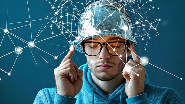 A man in glasses wears a tin foil hat and touches his temples, as glowing digital network lines. Conspiracy theories, paranoia, government surveillance, secret knowledge, brain protection