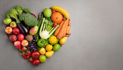 Assortment of fresh organic fruits and vegetables in rainbow colors and hearth shape, top down view
