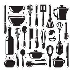 kitchen utensils set icon black silhouette vector on white background.