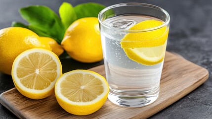 A glass of water with a lemon slice in it sits on a wooden cutting board. The lemon slices are cut in half and are placed on the cutting board