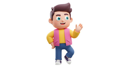 Cheerful 3D Cartoon Boy,  Friendly digital character, waving hand, bright colors, positive vibes, happy expression