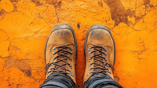 A pair of robust, orange hiking boots stood proudly on a vibrant orange backdrop, exuding an aura of adventure and readiness for exploration.
