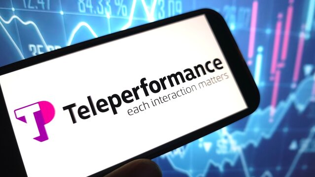 Konskie, Poland - March 08, 2025: Teleperformance company logo displayed on mobile phone
