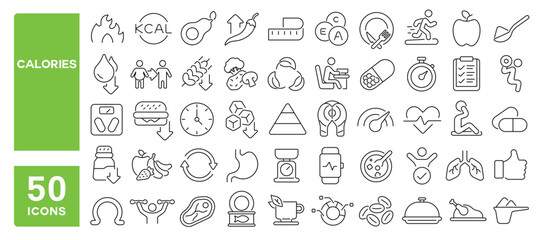 Set of 50 line icons related to calories, healthy food, diet, slim, lifestyle, burning fat, weight loss, exercise, nutrition, low calorie, Editable stroke. Vector illustration