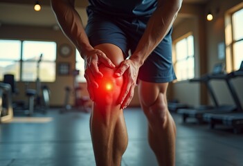 Naklejka premium Witness the moment of agony with this close-up photorealistic digital art portraying an athlete holding his knee, acute pain emphasized in red, set in a fitness room bathed in soft sunlight, captured 