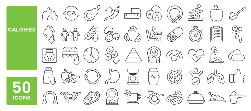 Set of 50 line icons related to calories, healthy food, diet, slim, lifestyle, burning fat, weight loss, exercise, nutrition, low calorie, Editable stroke. Vector illustration