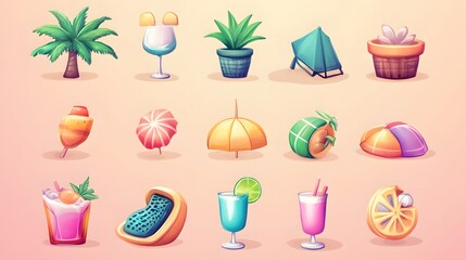 Obraz premium Colorful Summer Icons Set Illustration on Isolated Background for Holiday Designs