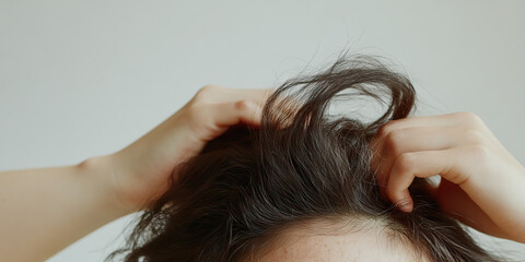 Fototapeta premium Close-up of Hands in Dark Brown Hair