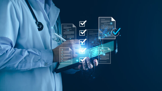 Medical research, doctor doing online checklist document, digital medical healthcare quality certificate, telemedicine