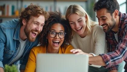 Obraz premium A diverse group of four friends, two men and two women, are gathered around a laptop, sharing laughter and excitement. Their expressions radiate joy and camaraderie, highlighting the warmth of