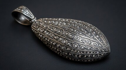 Ornate silver pendant on dark background