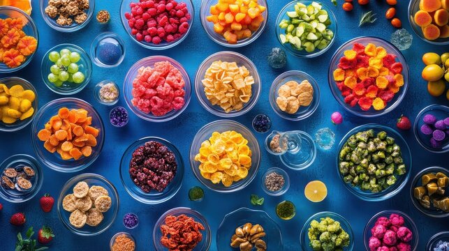 A kaleidoscope of vibrant snacks and fruits, each a miniature masterpiece, adorned a canvas of deep blue, inviting viewers to embark on a culinary journey of pure delight.