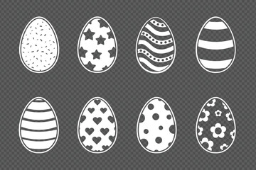 Set of easter eggs in paper cut style, white silhouette design elements isolated on white background. Easter Eggs. Set of vector decorative eggs illustrations for various graphic designs.