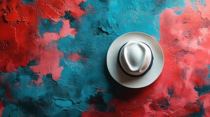 A pristine white fedora, a beacon of style, stands out against a textured wall painted in bold strokes of red and blue, a vibrant splash against the muted backdrop of the everyday world.