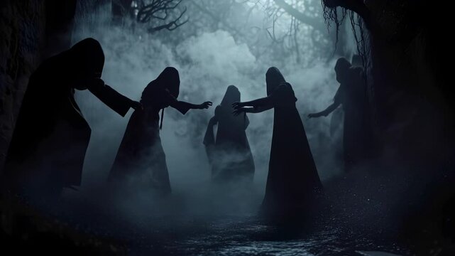 silhouettes of hooded cloaks peoples in cult robes, unrecognizable people, mysterious stranger,secret sect.immersive spooky Halloween, captivating, mysterious atmosphere, cloudy mist fog.Generative Ai
