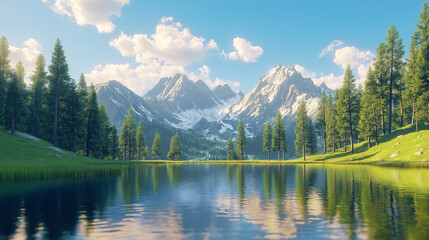 Scenic mountain lake with snowy peaks and forest reflections in Mount Cook National Park