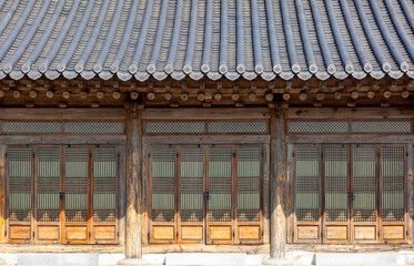 Close-up of Window Patterns in Korean Traditional Wooden Buildings