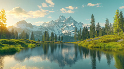 Fototapeta premium Scenic mountain lake with snowy peaks and forest reflections in Mount Cook National Park