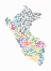 Obraz premium Peru, shape of the country built of colored cells. Digital style map of Peru on white background. Small size circle blocks. Amazing vector illustration.